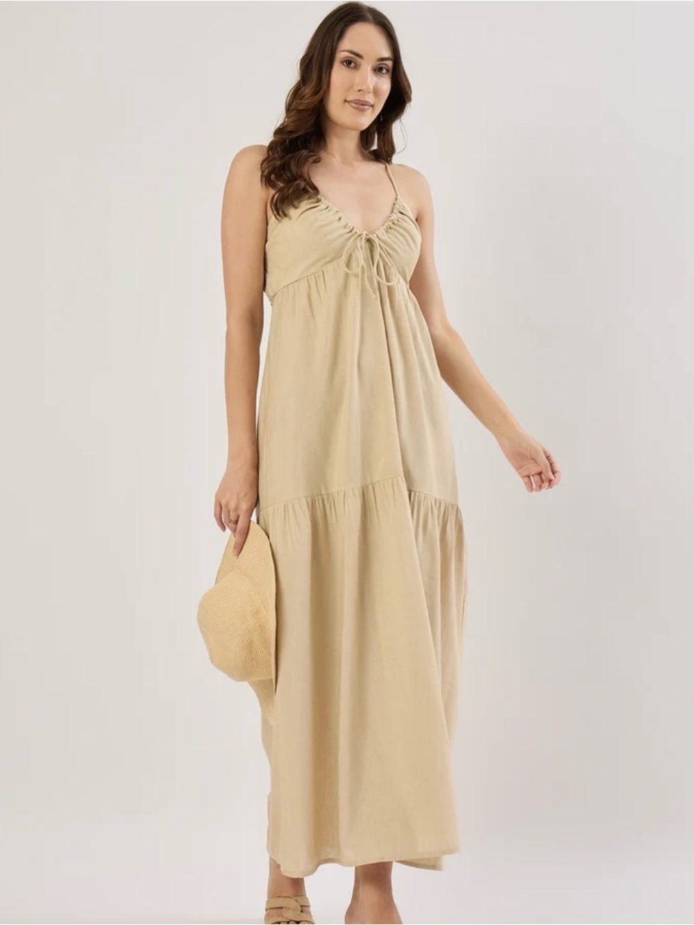 Womenβs Neutral Tie-Front Maxi Dress in Beige